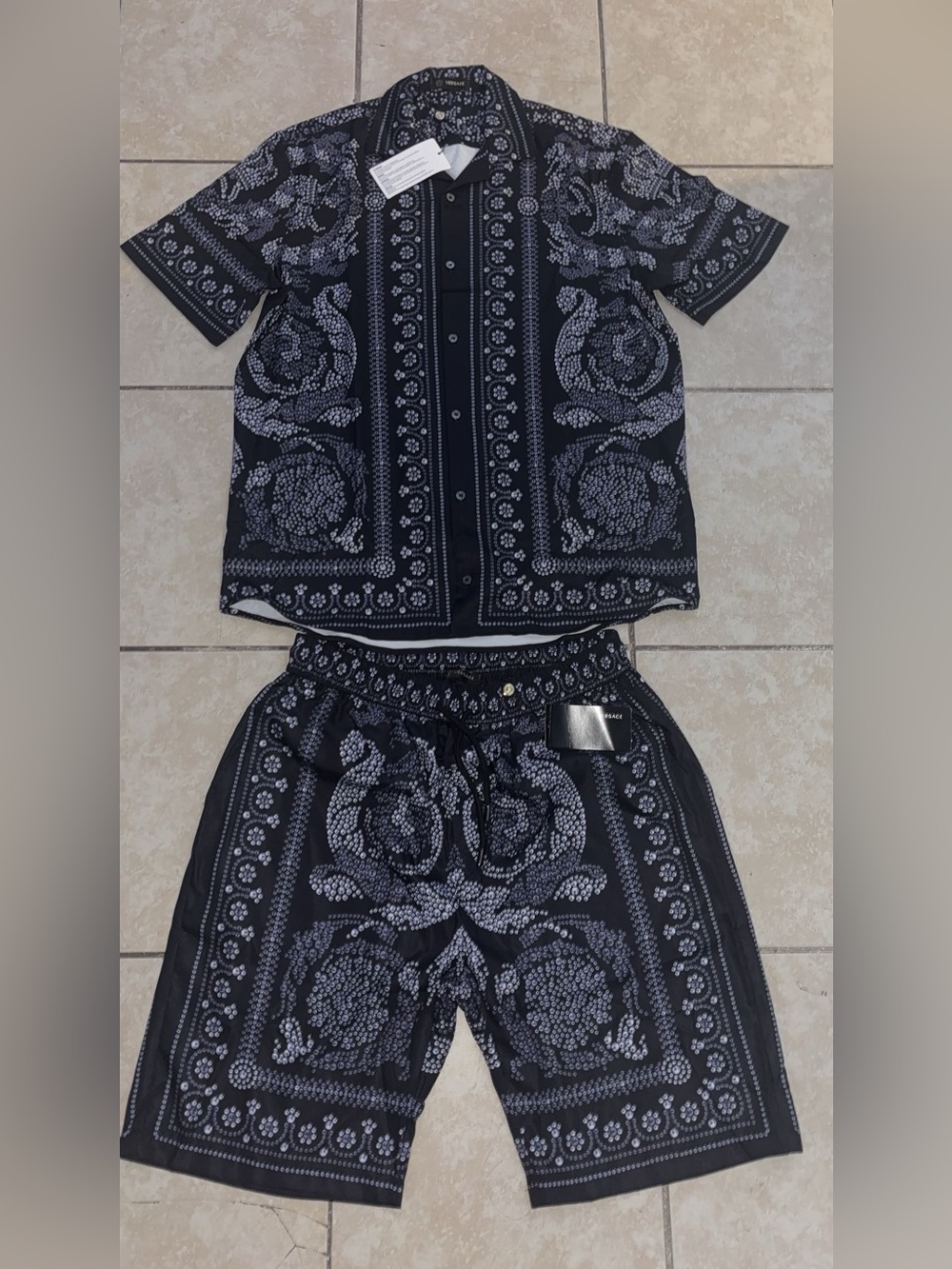 Authentic Versace Black and White Bandana Print Short Sleeve Button-Down Set